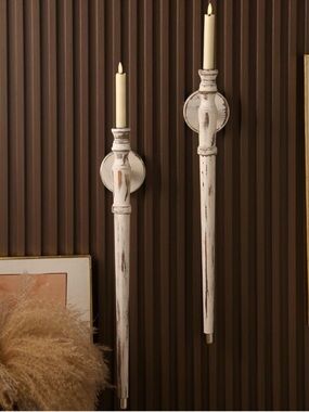 Distressed White Wood Wall Candle Sconces with Candle Holders